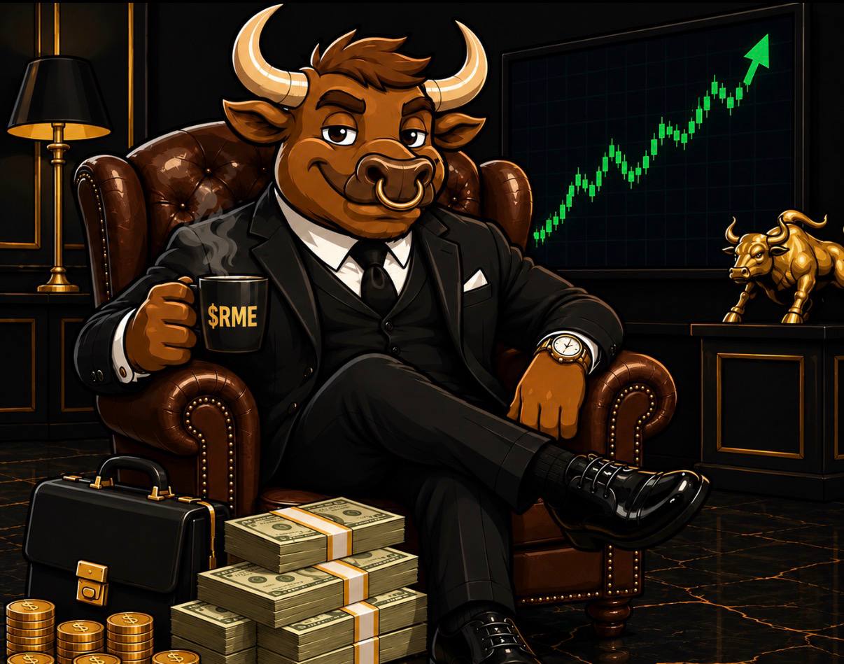 Luxury bull mascot of RICHMEME sitting in a leather chair with a rising Solana chart